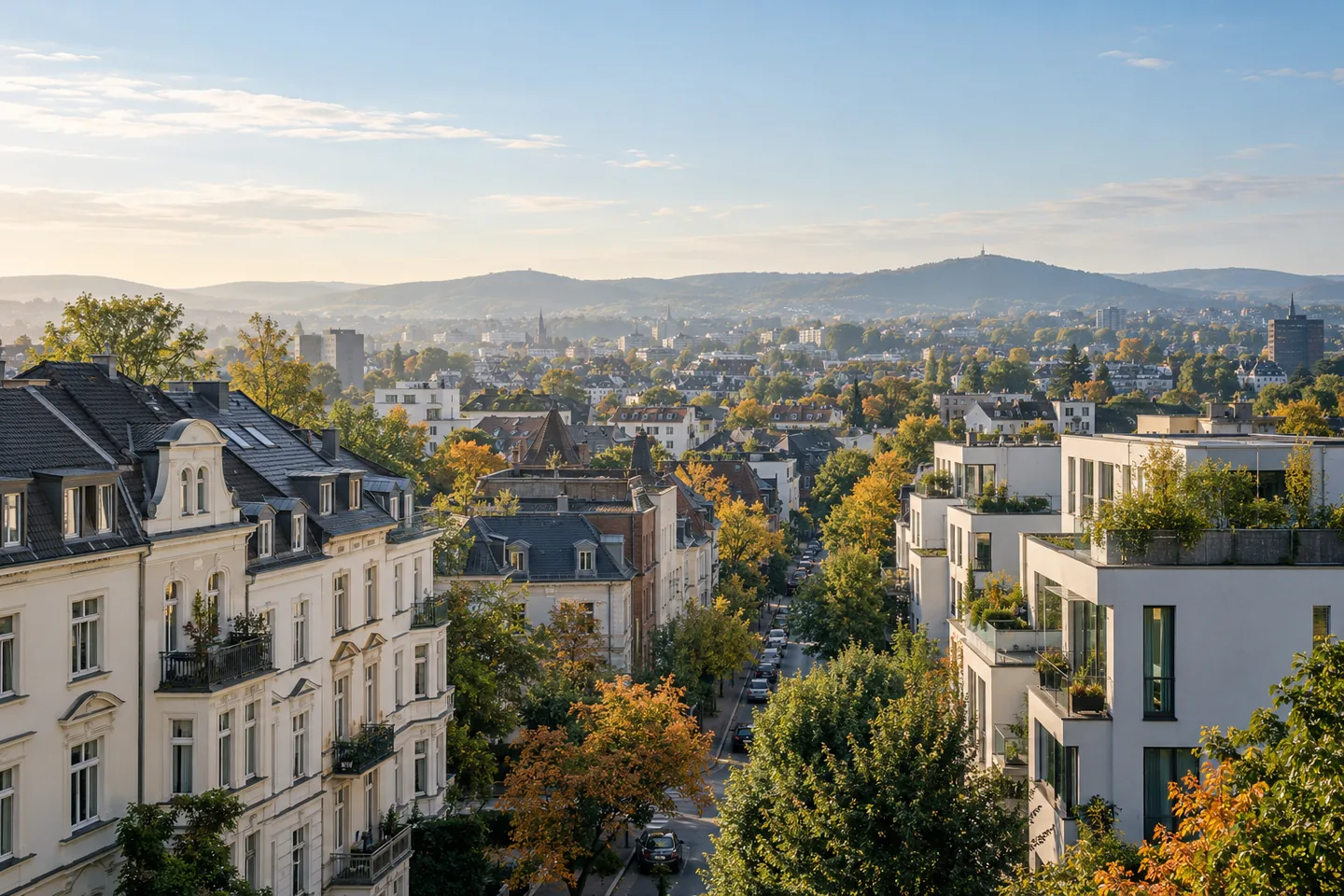 Generisches nordrhein-westfälisches Wohnviertel mit Alt- und Neubauten im Herbstlicht