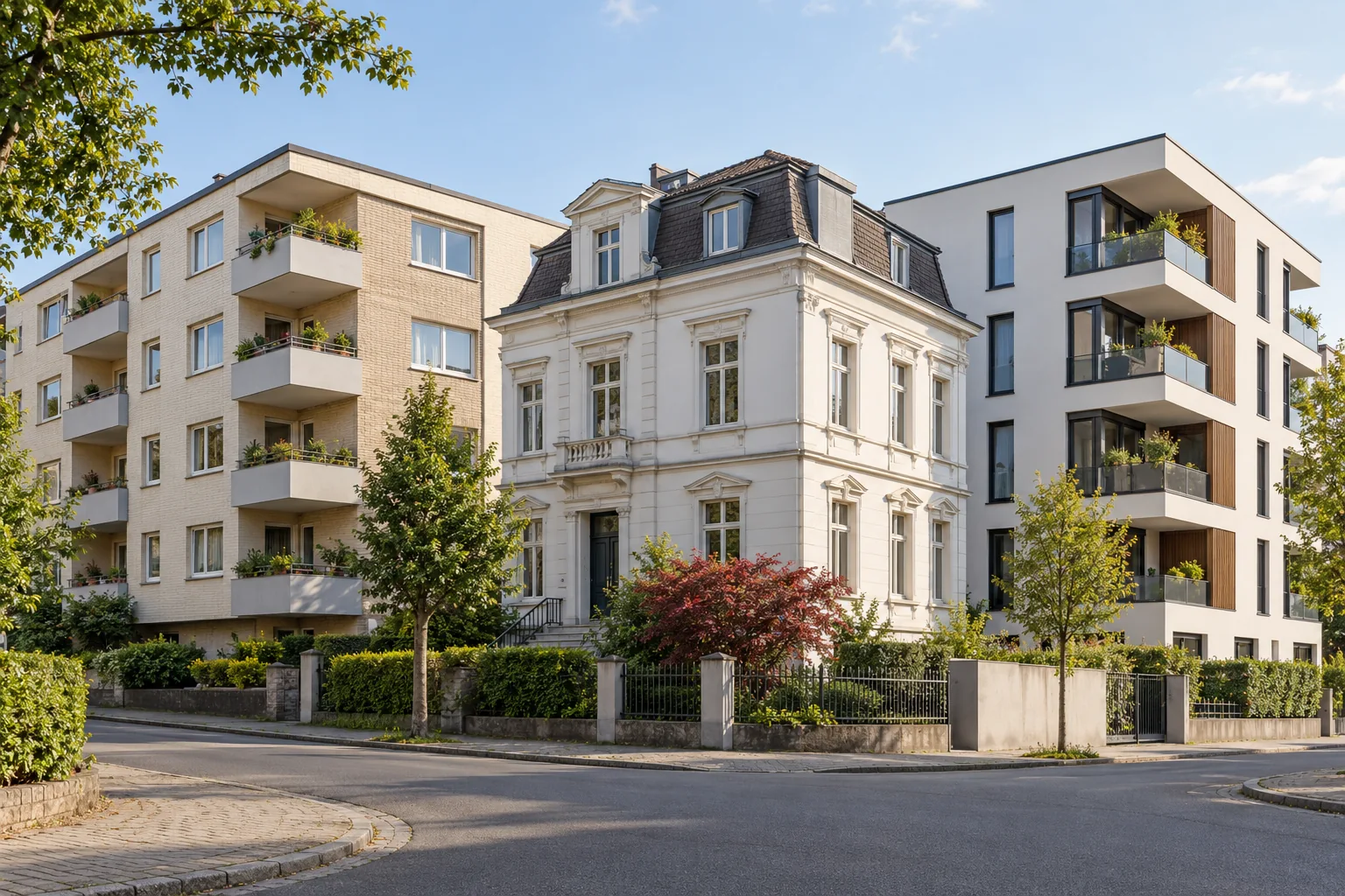 Drei unterschiedliche Wohnhäuser als Symbol für ein Immobilienpaket